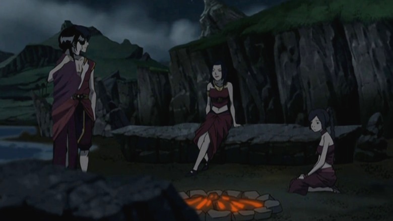 Mai, Zuko, Azula, and Ty Lee around a beach bonfire on Avatar: The Last Airbender S3E5