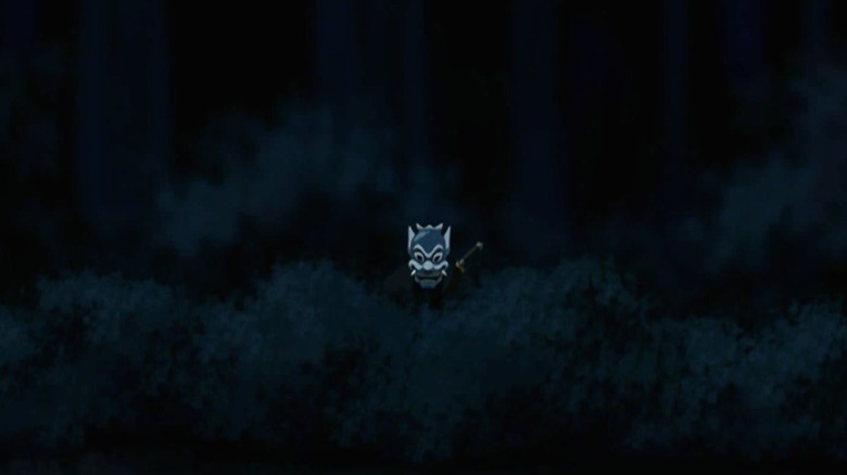 Zuko as the Blue Spirit peeking over bushes on Avatar: The Last Airbender S1E13
