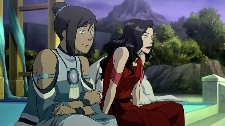 Korra sitting next to Asami at Varrick and Zhu Li's wedding on The Legend of Korra