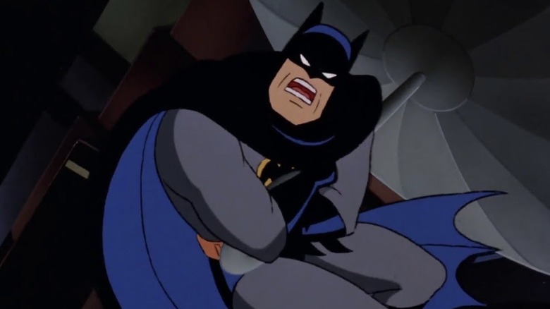 Batman clings onto the end of a zeppelin, delivering his iconic "I am vengeance" speech on Batman: The Animated Series.