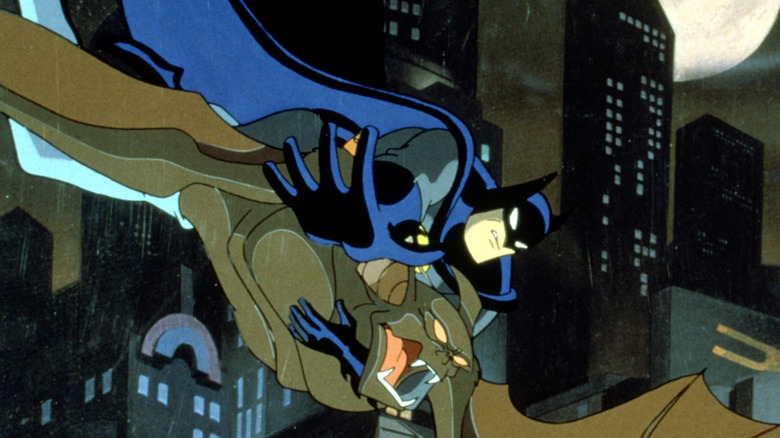 Man Bat and Batman battle in Batman: The Animated Series.