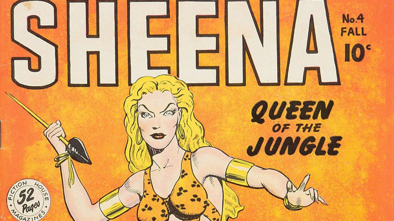 The cover for issue #4 of Sheena, Queen of the Jungle from Fiction House, showing Sheena brandishing a spear.