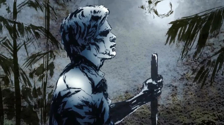 An animated illustration from Dexter: Early Cuts of a Dexter holding a stick, beneath the bright moon surrounded by trees