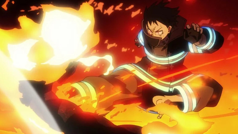 Animated character in firefighter uniform surrounded by flames in Fire Force