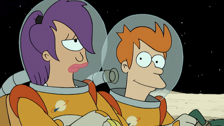 Leela (Katey Sagal) is unimpressed as Fry (Billy West) is lovestruck in Futurama