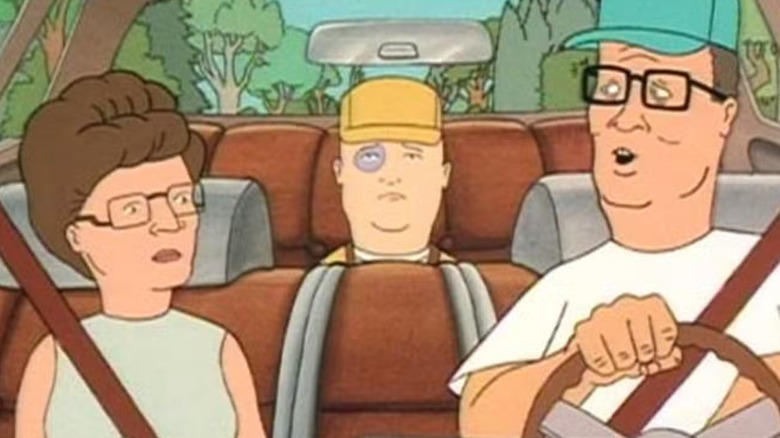 Peggy (Kathy Najimy), Bobby (Pamela Adlon), and Hank (Mike Judge) ride in the car in King of the Hill