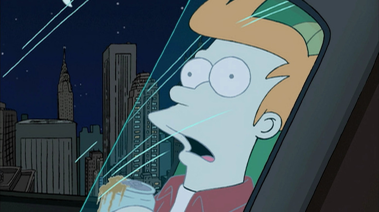 Philip J. Fry (Billy West) is frozen in a stasis tube holding a beer in Futurama
