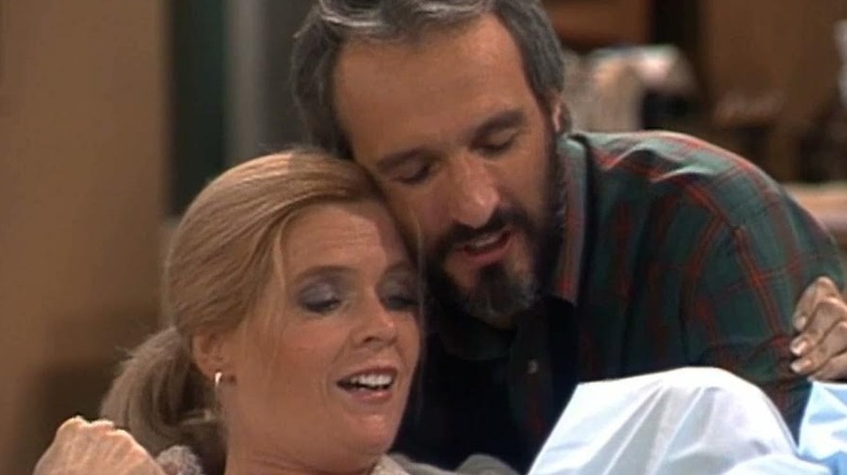 Meredith Baxter-Birney's Elyse prepares to give birth, with husband Steven, played by Michael Gross, on Family Ties.