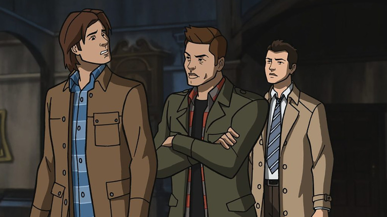 Animated forms of Sam Winchester (Jared Padalecki), Dean Winchester (Jensen Ackles), and Castiel (Misha Collins) stand together in Supernatural