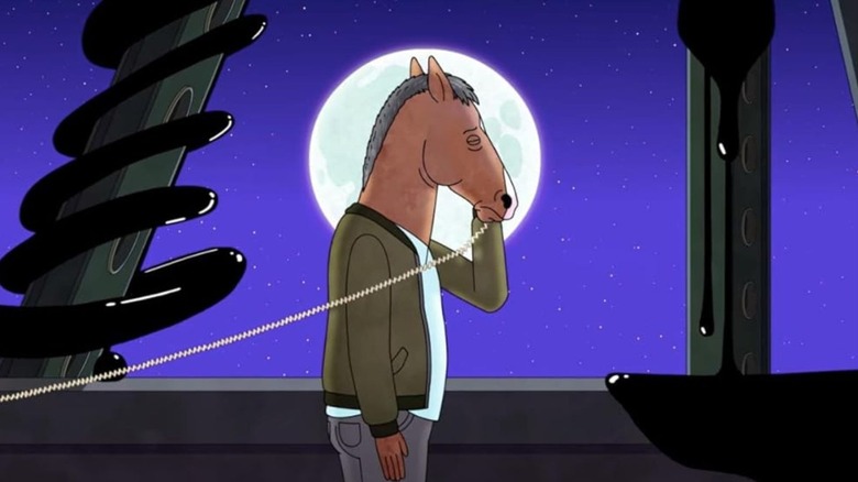 BoJack Horseman somberly takes a phone call on a balcony being consumed by black goop on BoJack Horseman