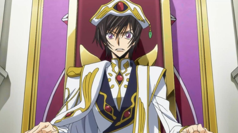 Lelouch vi Britannia sits on a throne with a frown in Code Geass.