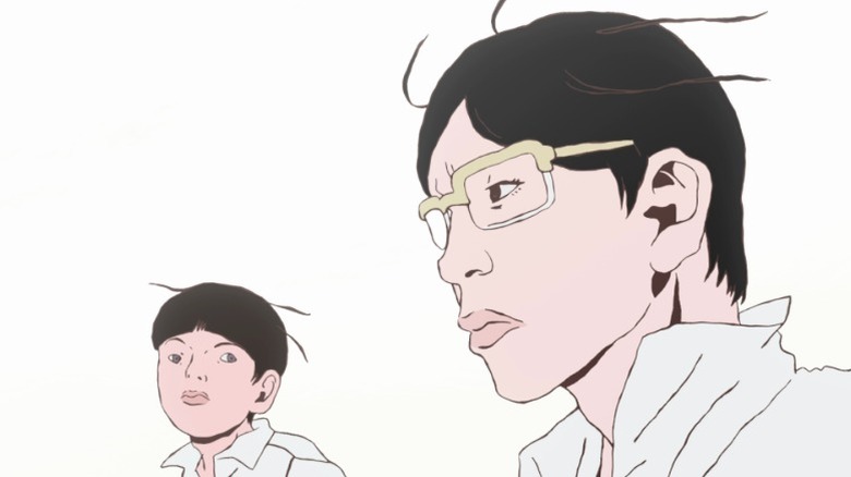 Smile looking out into the distance while Peco looks at him on Ping Pong S1E2