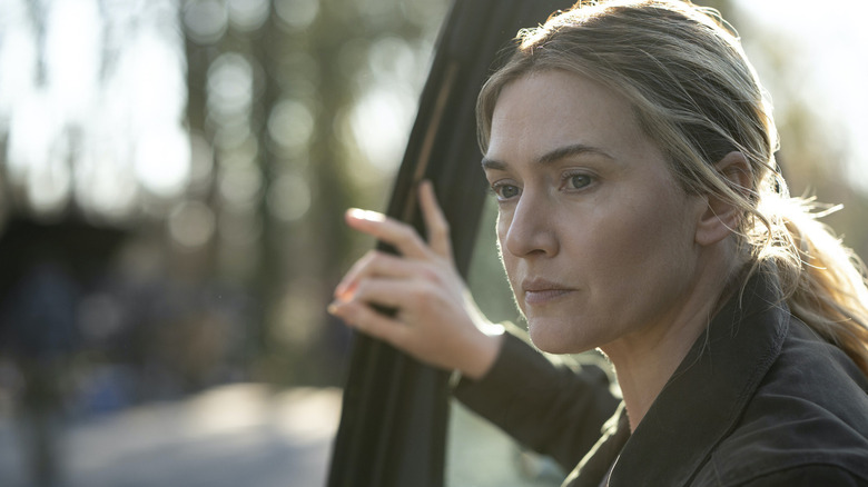 Mare Sheehan (Kate Winslet) exits a car in Mare of Easttown