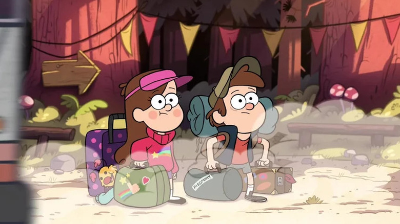 Animated children Mabel and Dipper holding suitcases in Gravity Falls