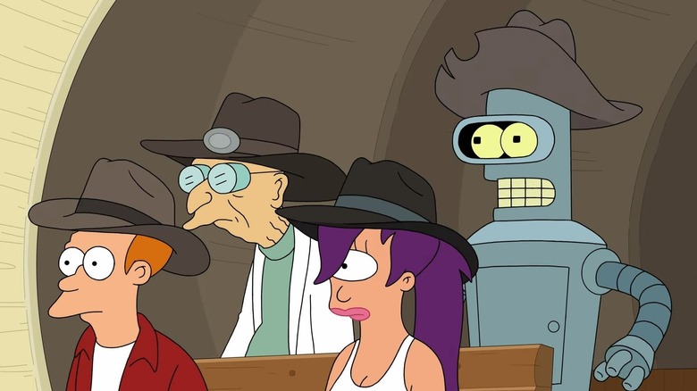 Fry, Farnsworth, Leela, and Bender in cowboy hats