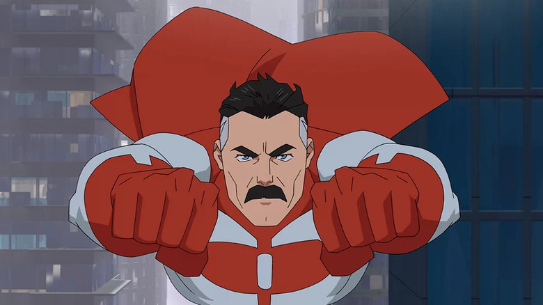 Omni-Man, flies toward the camera in Invincible.