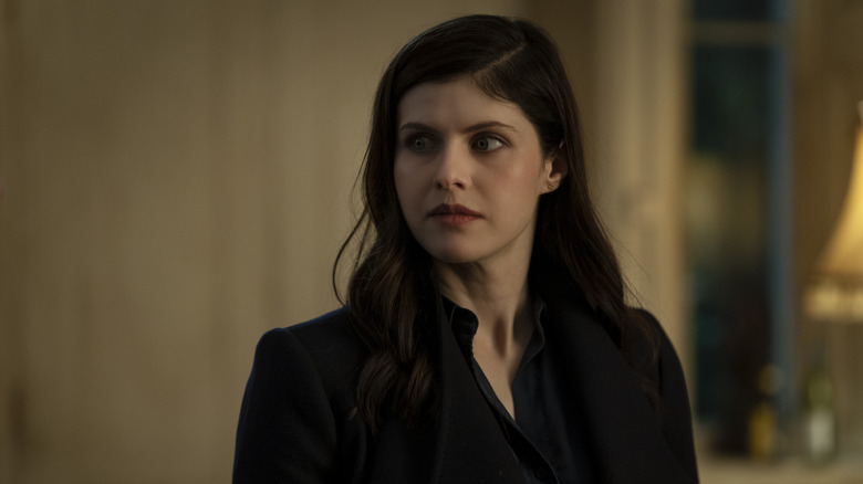 Alexandra Daddario's Dr. Rowan Fielding looking concerned on Mayfair Witches