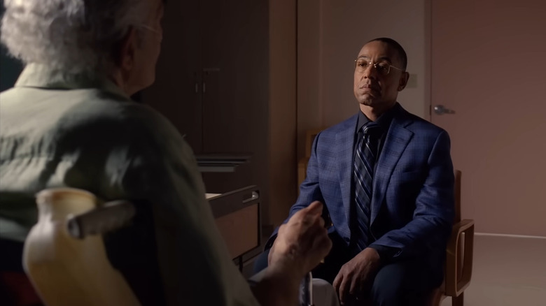 Giancarlo Esposito as Gus Fring, sitting across from Hector Salamanca in Breaking Bad.