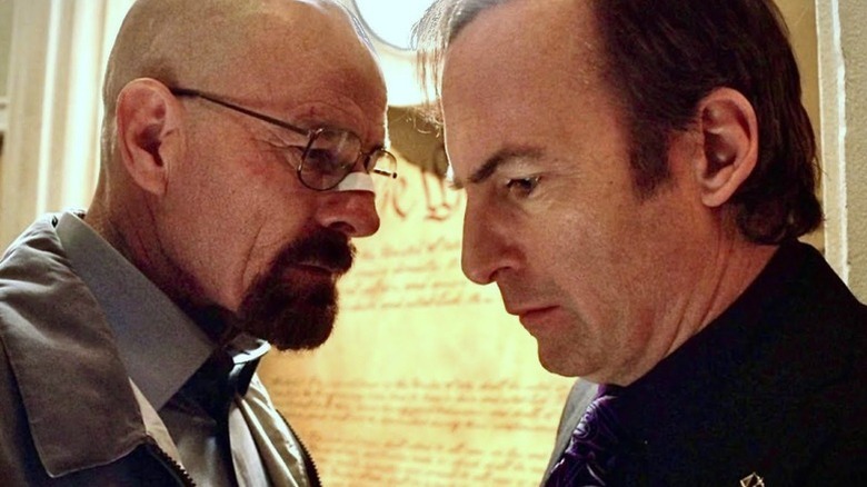 Walter White (Bryan Cranston) threatens Saul Goodman (Bob Odenkirk) in Breaking Bad
