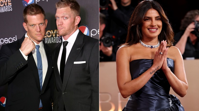 Split image of Jason and David Benham posing with black suits on red carpet and Priyanka Chopra with hands clasped in dark blue dress on red carpet
