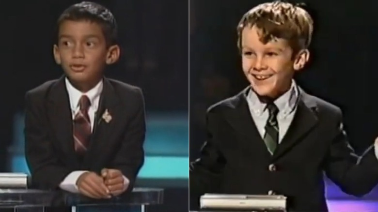 Split image of two young boys in suits standing in front of podiums on Our Little Geniuses