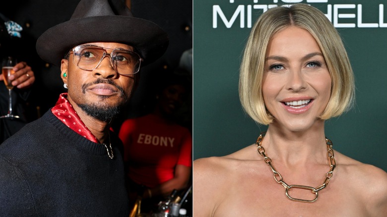 Split image of Usher in hat and glasses and Julianne Hough
