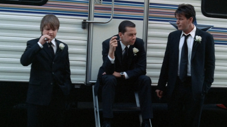 Angus T. Jones, Jon Cryer and Charlie Sheen take a smoke break from Two and a Half Men, in a cameo appearance on CSI: Crime Scene Investigation.