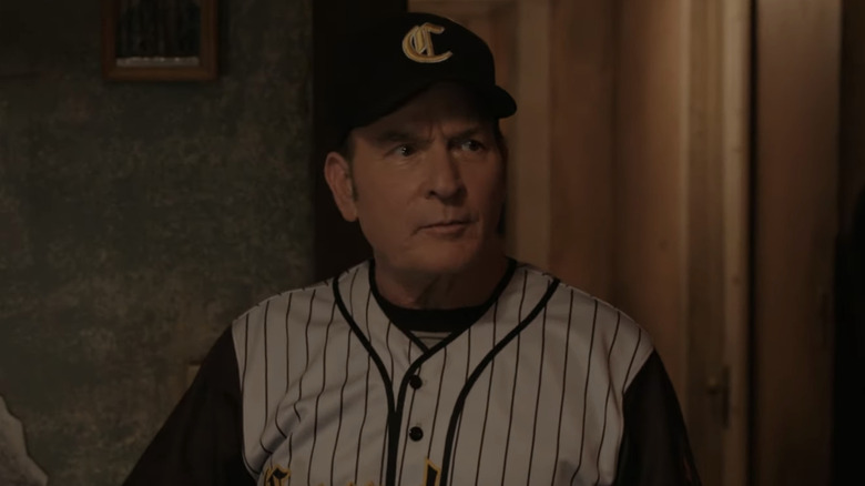 Charlie Sheen wearing a baseball uniform on Bookie (2023)