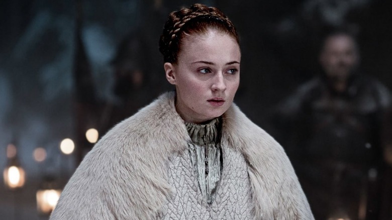 Sophie Turner as Sansa Stark in her white wedding outfit in Game of Thrones