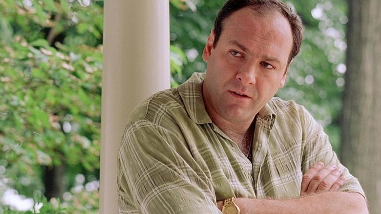 Tony Soprano (James Gandolfini) crosses his arms while leaning against a pole in The Sopranos