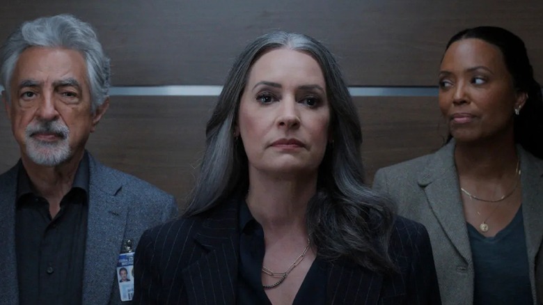 Tara Lewis looking at David Rossi with Emily Prentiss in the middle