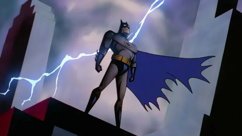 Batman standing before lightning bolt in Batman: The Animated Series