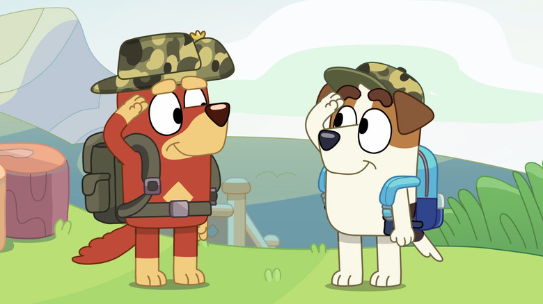 Jack and Rusty saluting each other on Bluey