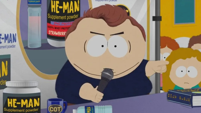 Cartman styled like the late political commentator Charlie Kirk debating college students on South Park