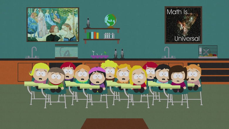 A classroom of children look forward in horror on South Park