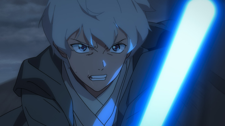 Padawan Toul ignites his lightsaber in Star Wars Visions