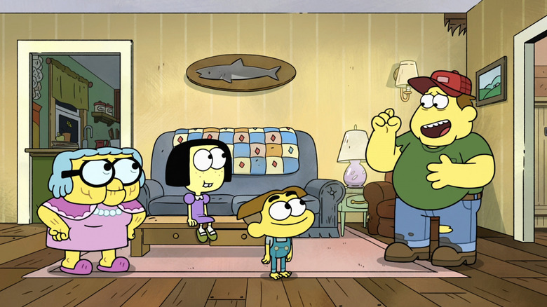 The Green family standing in their living room in Big City Greens