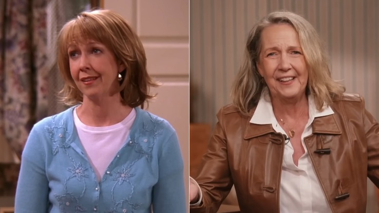 A side-by-side photo of Monica Horan in Everybody Loves Raymond and at the 30th anniversary reunion.