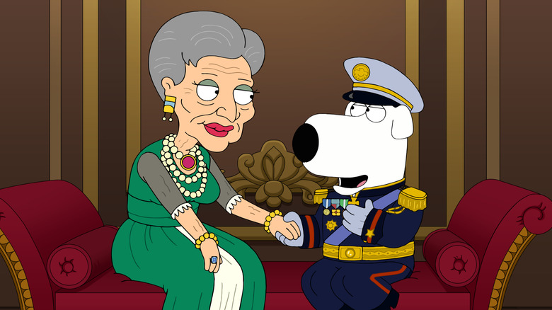 Brian Griffin holding the hand of a wealthy older woman in Family Guy's Season 17 "Con Heiress"