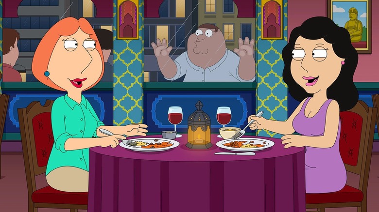 Lois and Bonnie in a restaurant while Peter spies from a window in Family Guy's Season 23 episode "Cool Hand Lois"