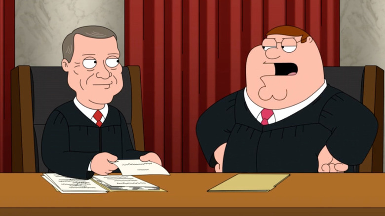 Peter sitting next to another Supreme Court judge in Family Guy's Season 23 episode "Drunk with Power"