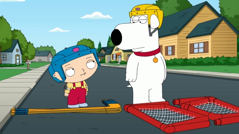 Stewie and Brian about to play street hockey in Family Guy's Season 12 episode "Life of Brian"