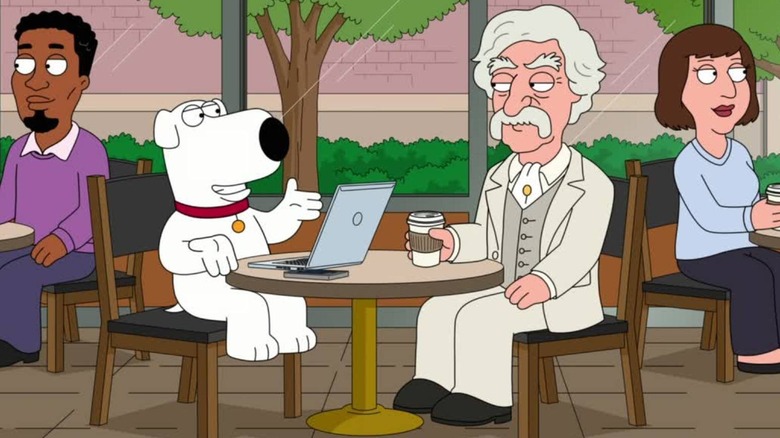 Brian and Mark Twain sitting a cafe in Family Guy's Season 23 episode "Twain's World"