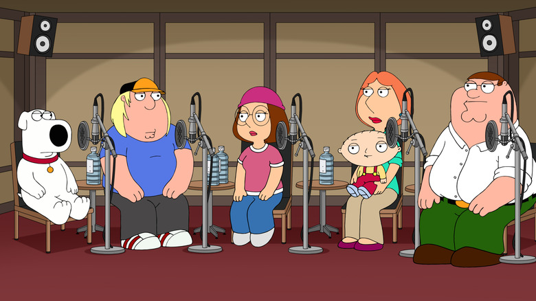 The Griffin family sitting in an audio booth in Family Guy's Season 17 episode "You Can't Handle the Booth"