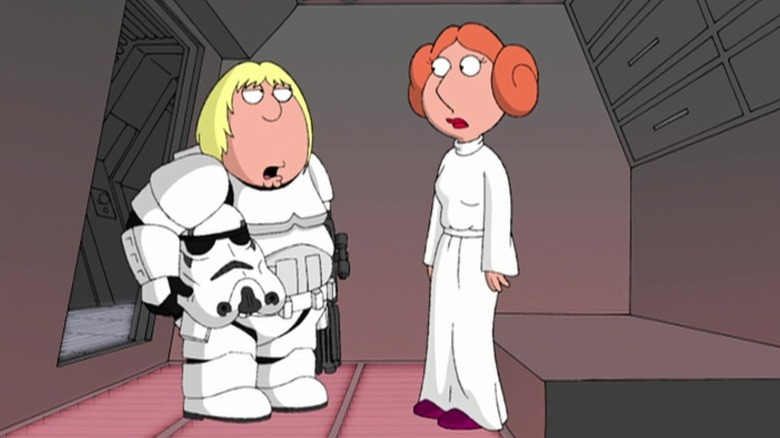 Chris Griffin as Luke Skywalker in a Stormtrooper suit and Lois Griffin as Leia Organa from Star Wars on Family Guy S6E1