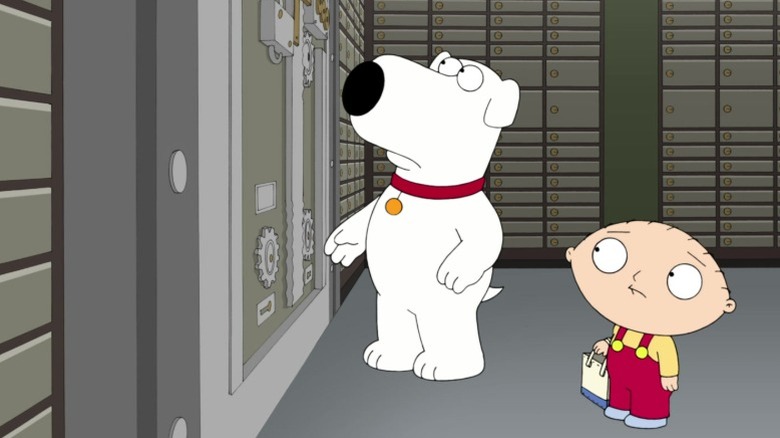 Brian and Stewie Griffin looking at a bank vault door on Family Guy S8E17