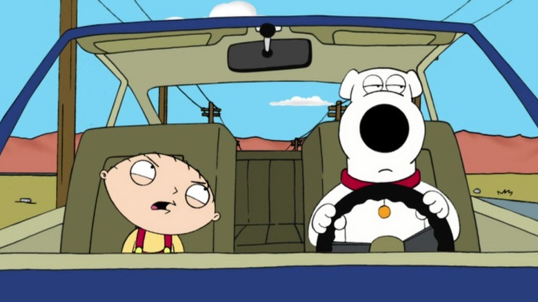 Brian Griffin driving a car while Stewie sits in the passenger's seat on Family Guy S2E13