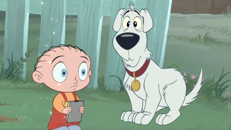 Disney universe versions of Stewie and Brian Griffin standing on a lawn on Family Guy S8E1