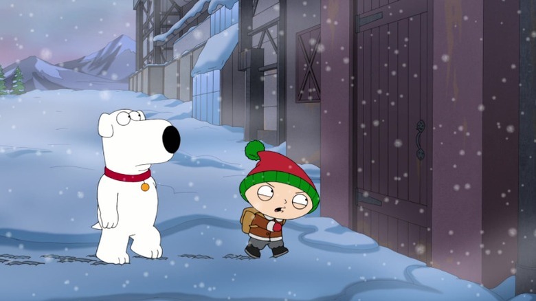 Brian and Stewie Griffin standing in front of the door to Santa Claus' workshop on Family Guy S9E7