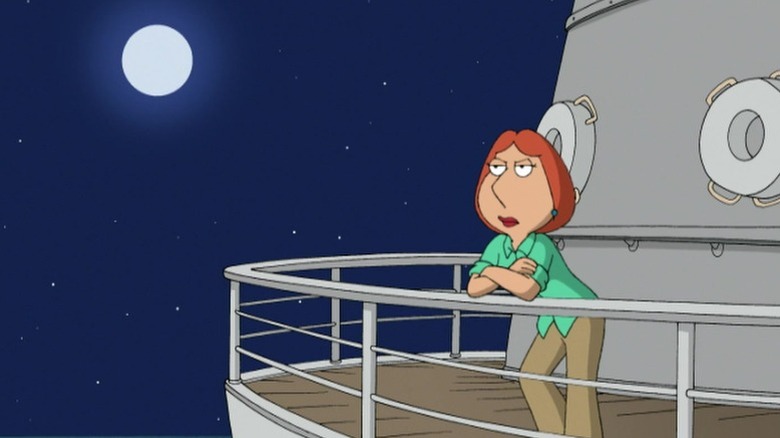 Lois leaning on a ship guardrail and looking out angrily at the sea on Family Guy S6E4